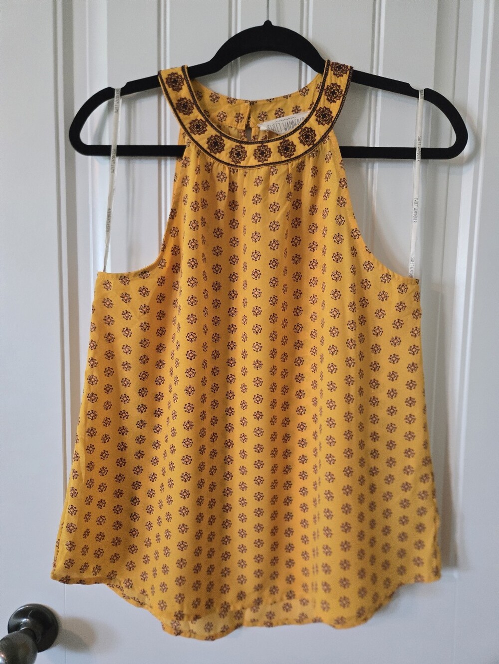Sweet Wanderer Yellow Printed Halter Camisole with Embroidered Yoke